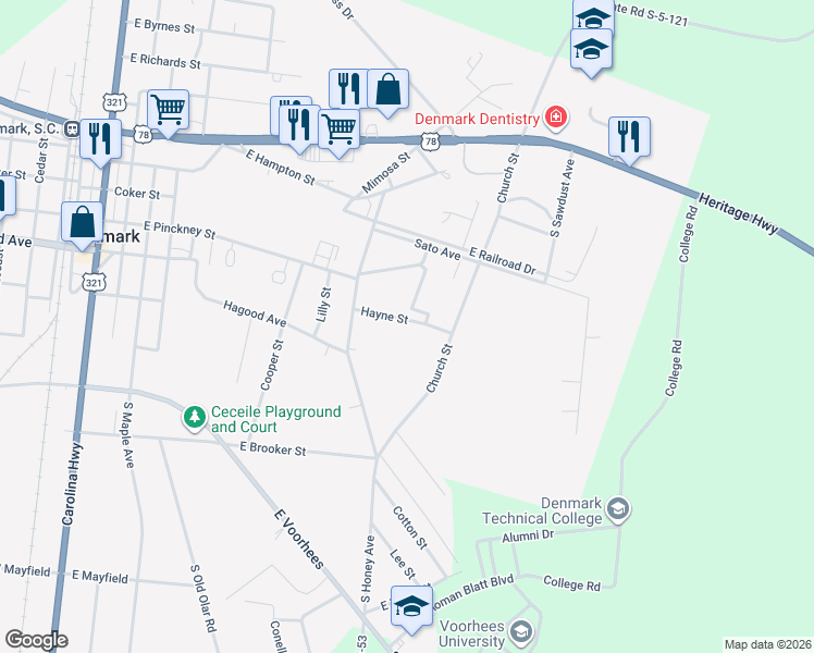 map of restaurants, bars, coffee shops, grocery stores, and more near 105 Hayne Street in Denmark