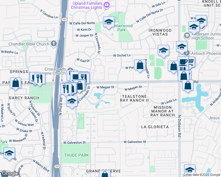 map of restaurants, bars, coffee shops, grocery stores, and more near 2601 West Megan Street in Chandler