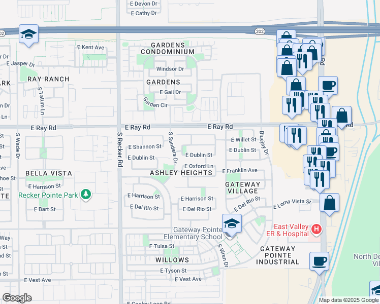 map of restaurants, bars, coffee shops, grocery stores, and more near 4266 East Dublin Street in Gilbert