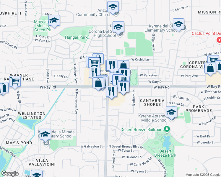 map of restaurants, bars, coffee shops, grocery stores, and more near 4989 West Ray Road in Chandler