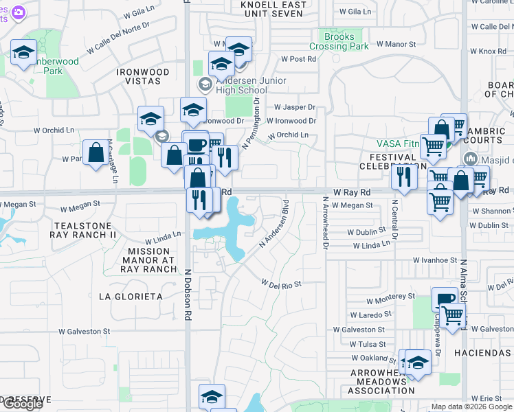 map of restaurants, bars, coffee shops, grocery stores, and more near 1825 West Ray Road in Chandler
