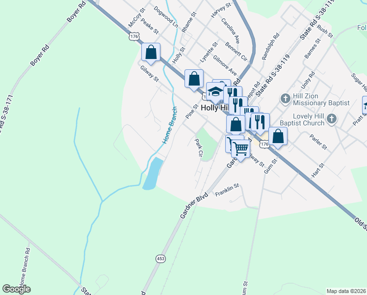 map of restaurants, bars, coffee shops, grocery stores, and more near 124 Isgett Lane in Holly Hill