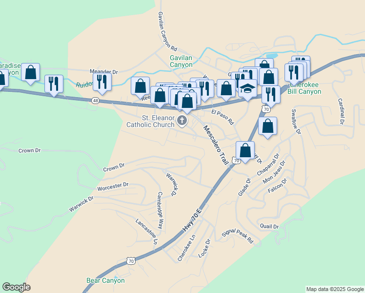 map of restaurants, bars, coffee shops, grocery stores, and more near 100-144 Pippin Street in Ruidoso