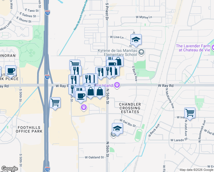 map of restaurants, bars, coffee shops, grocery stores, and more near W Ray Rd & S Priest Dr in Chandler