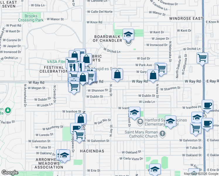 map of restaurants, bars, coffee shops, grocery stores, and more near 939 North Jay Street in Chandler