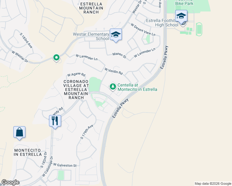 map of restaurants, bars, coffee shops, grocery stores, and more near 17737 West Cassia Way in Goodyear
