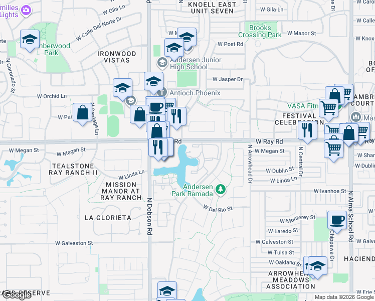 map of restaurants, bars, coffee shops, grocery stores, and more near 1825 West Ray Road in Chandler