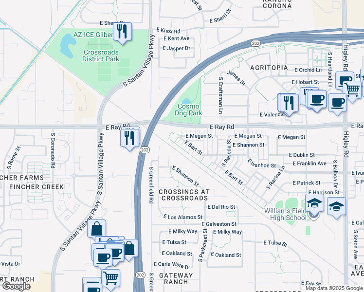 map of restaurants, bars, coffee shops, grocery stores, and more near 2541 East Bart Street in Gilbert