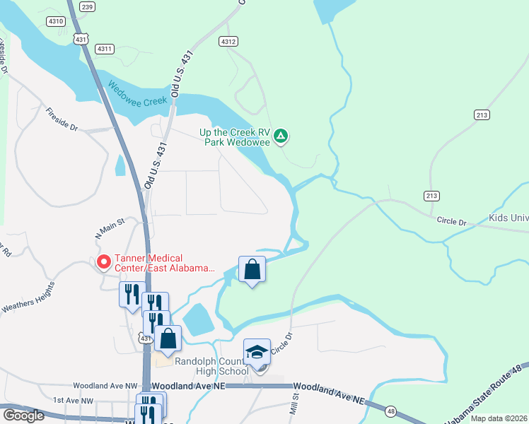 map of restaurants, bars, coffee shops, grocery stores, and more near Crystal Cove in Wedowee