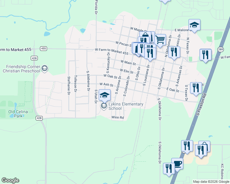map of restaurants, bars, coffee shops, grocery stores, and more near 513 South Arizona Drive in Celina