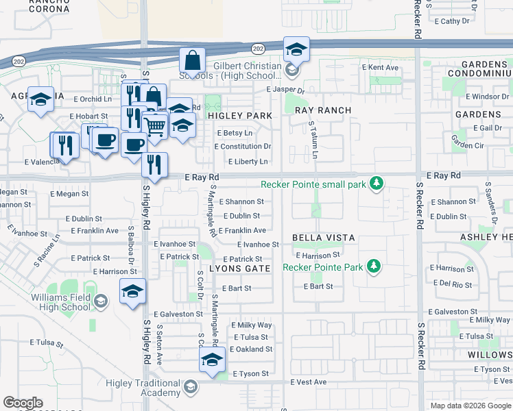 map of restaurants, bars, coffee shops, grocery stores, and more near 3532 East Dublin Street in Gilbert