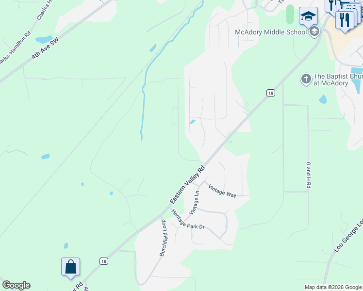 map of restaurants, bars, coffee shops, grocery stores, and more near 5230 Eastern Valley Road in McCalla