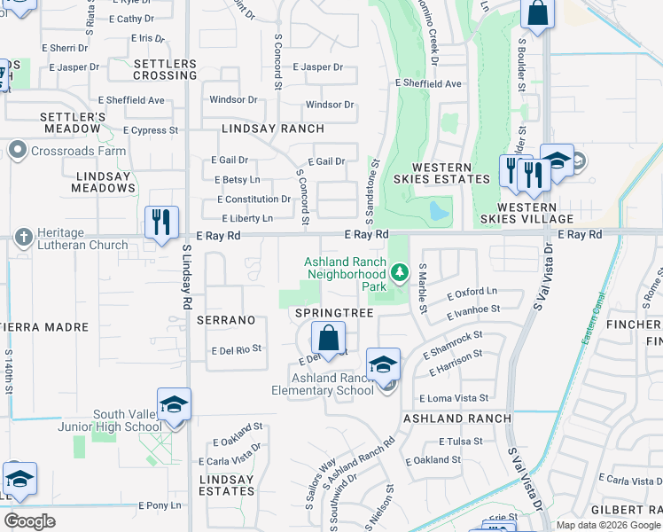 map of restaurants, bars, coffee shops, grocery stores, and more near 1115 East Shannon Street in Gilbert