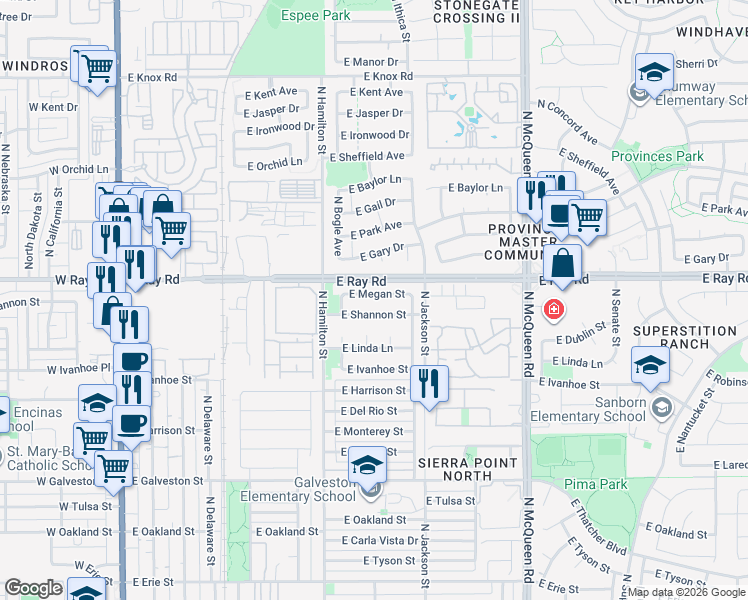 map of restaurants, bars, coffee shops, grocery stores, and more near 692 East Shannon Street in Chandler