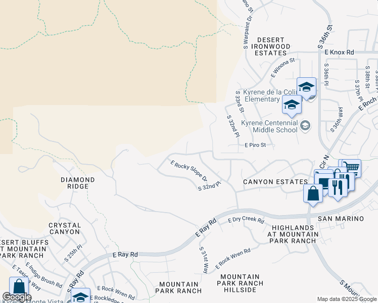 map of restaurants, bars, coffee shops, grocery stores, and more near 3130 East Desert Flower Lane in Phoenix
