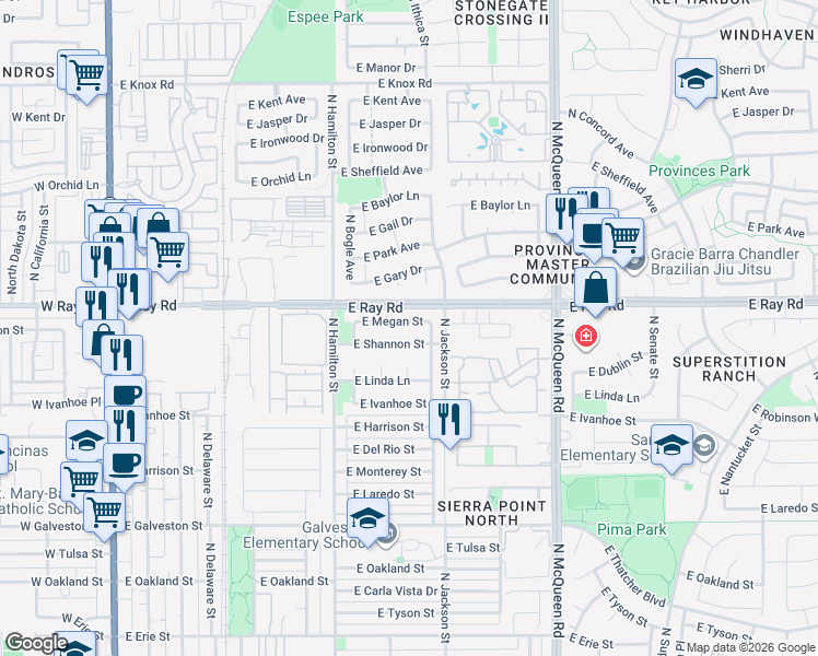 map of restaurants, bars, coffee shops, grocery stores, and more near 756 East Shannon Street in Chandler