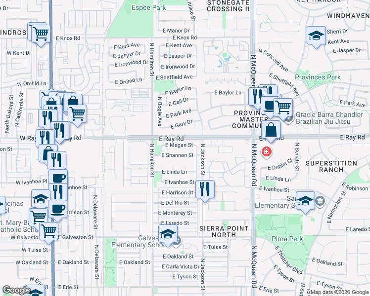 map of restaurants, bars, coffee shops, grocery stores, and more near 756 East Shannon Street in Chandler