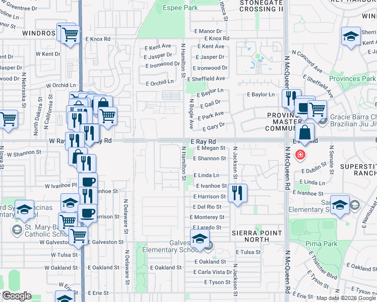 map of restaurants, bars, coffee shops, grocery stores, and more near 611 East Shannon Street in Chandler