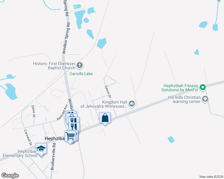 map of restaurants, bars, coffee shops, grocery stores, and more near 4378 Saxon Drive in Hephzibah