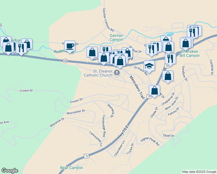 map of restaurants, bars, coffee shops, grocery stores, and more near 100 Pippin Street in Ruidoso