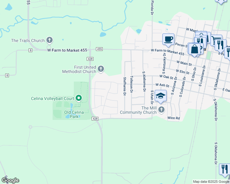 map of restaurants, bars, coffee shops, grocery stores, and more near 1114 Joshua Tree Lane in Celina
