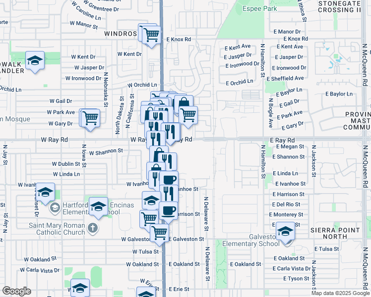 map of restaurants, bars, coffee shops, grocery stores, and more near 235 East Ray Road in Chandler