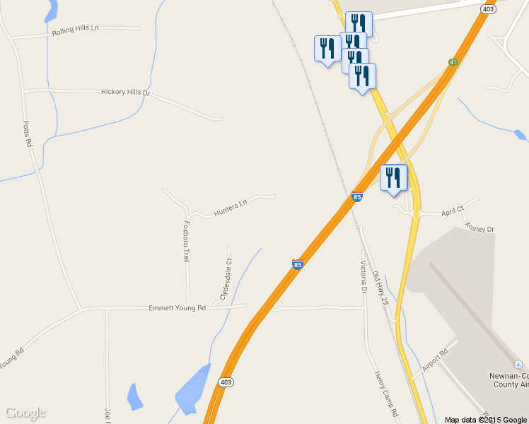 map of restaurants, bars, coffee shops, grocery stores, and more near 150 Hunters Lane in Newnan