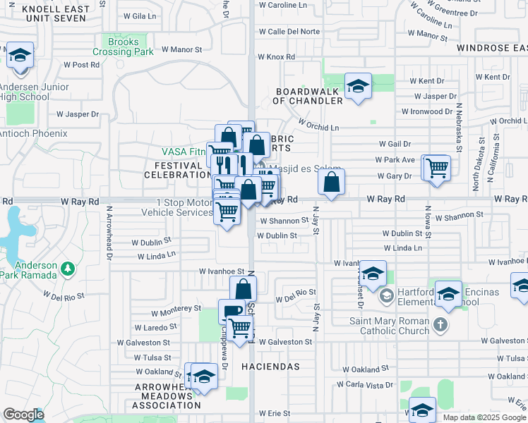 map of restaurants, bars, coffee shops, grocery stores, and more near 881 West Shannon Street in Chandler