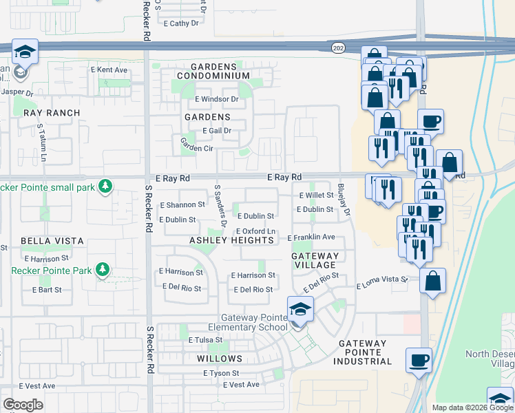 map of restaurants, bars, coffee shops, grocery stores, and more near 4266 East Dublin Street in Gilbert