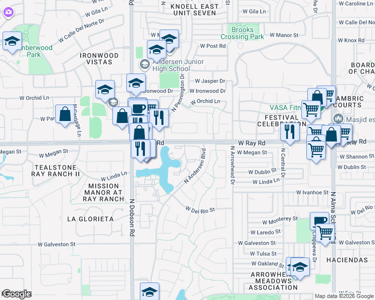map of restaurants, bars, coffee shops, grocery stores, and more near 1825 West Ray Road in Chandler