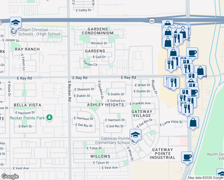 map of restaurants, bars, coffee shops, grocery stores, and more near 4245 East Shannon Street in Gilbert