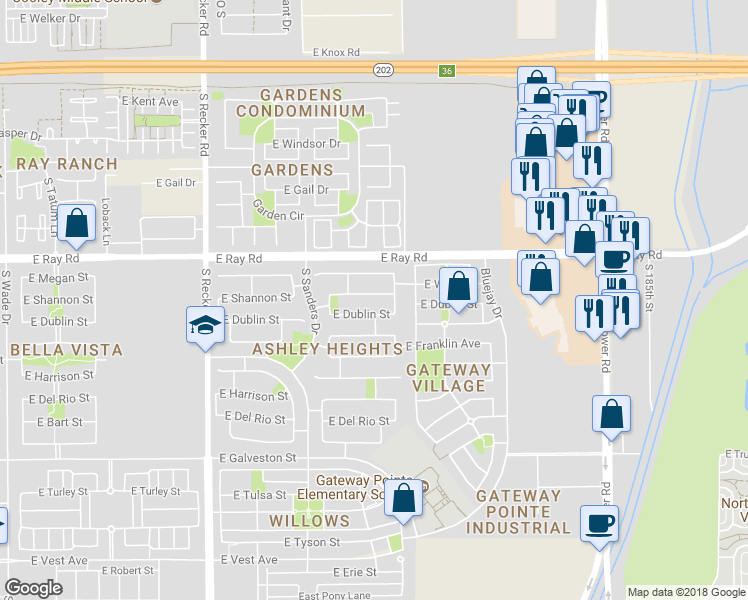 map of restaurants, bars, coffee shops, grocery stores, and more near 4303 East Shannon Street in Gilbert