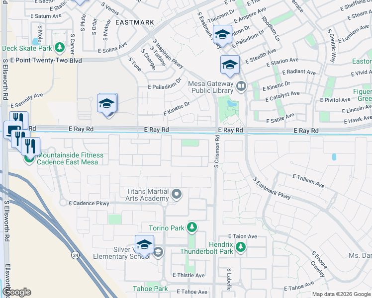 map of restaurants, bars, coffee shops, grocery stores, and more near 9906 East Tungsten Drive in Mesa