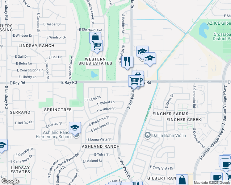 map of restaurants, bars, coffee shops, grocery stores, and more near 1513 East Dublin Street in Gilbert