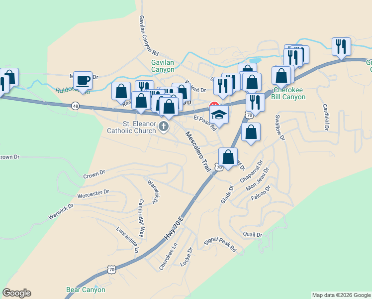map of restaurants, bars, coffee shops, grocery stores, and more near Mescalero Trail in Ruidoso