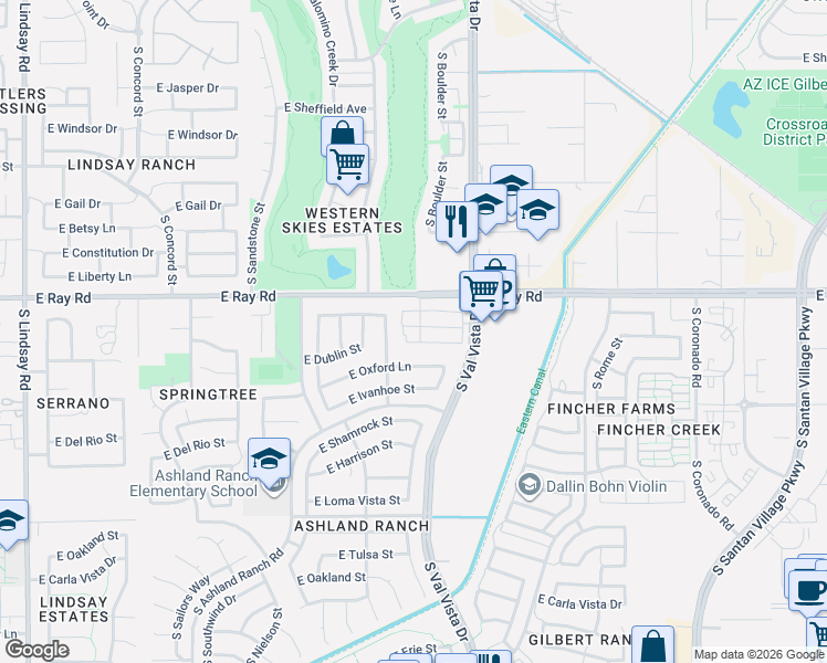 map of restaurants, bars, coffee shops, grocery stores, and more near 1513 East Dublin Street in Gilbert