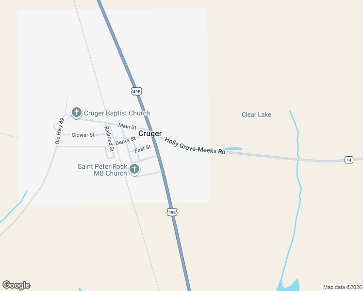 map of restaurants, bars, coffee shops, grocery stores, and more near Holly Grove-Meeks Road in Cruger