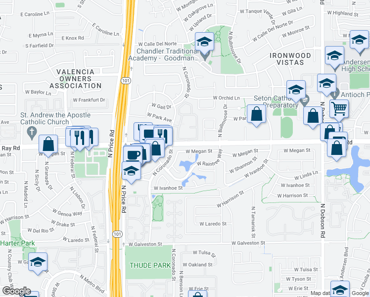 map of restaurants, bars, coffee shops, grocery stores, and more near 2690 West Megan Street in Chandler
