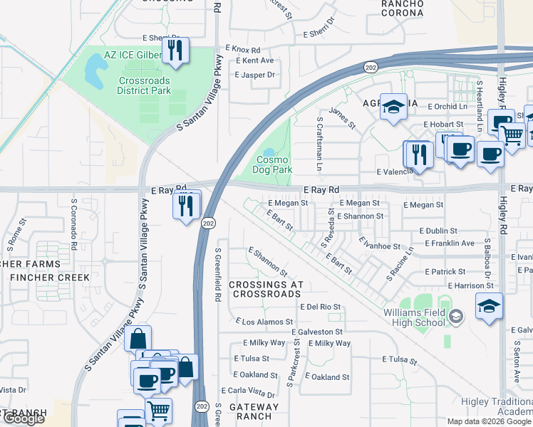 map of restaurants, bars, coffee shops, grocery stores, and more near 2545 East Bart Street in Gilbert