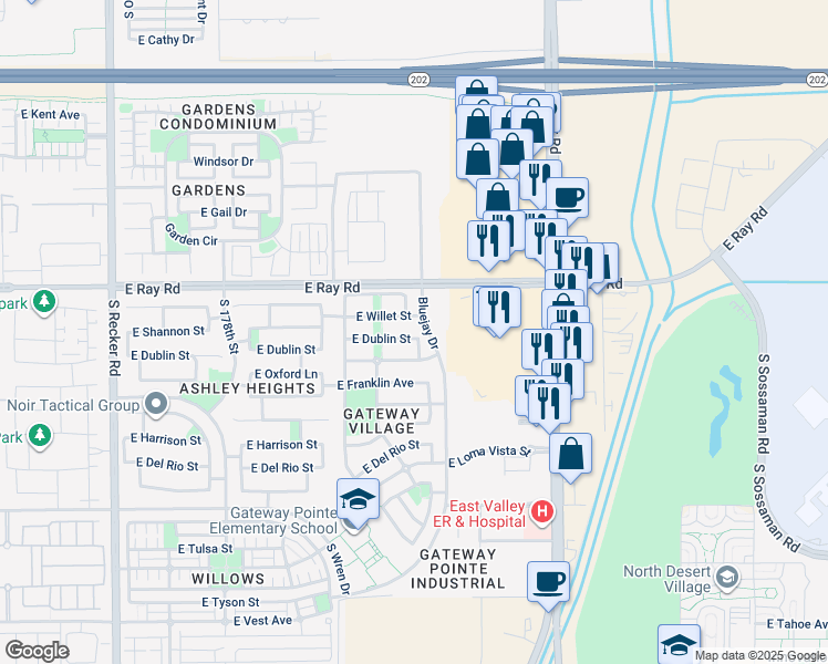 map of restaurants, bars, coffee shops, grocery stores, and more near 4550 East Dublin Street in Gilbert