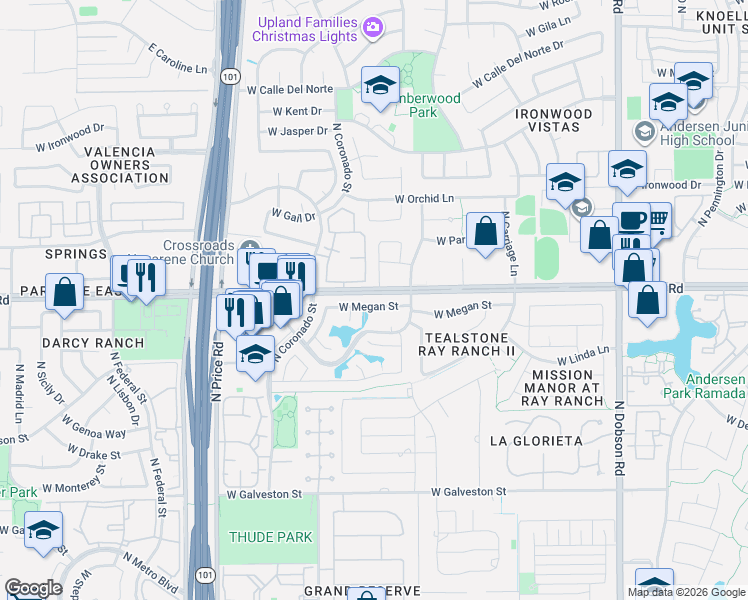 map of restaurants, bars, coffee shops, grocery stores, and more near 2601 West Megan Street in Chandler