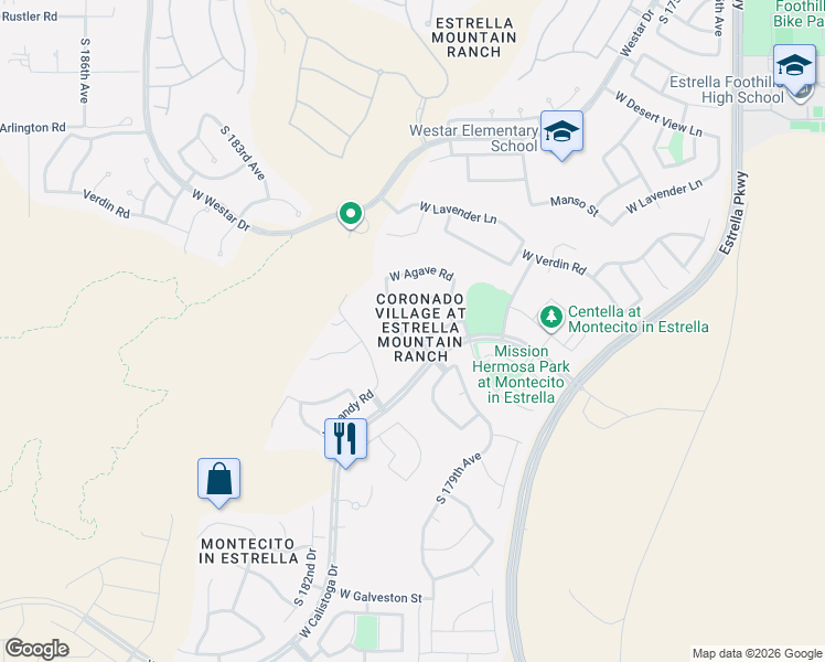 map of restaurants, bars, coffee shops, grocery stores, and more near 17965 West Cassia Way in Goodyear