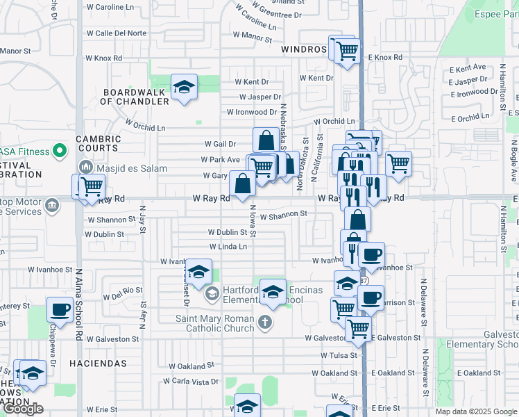 map of restaurants, bars, coffee shops, grocery stores, and more near 449 West Shannon Street in Chandler