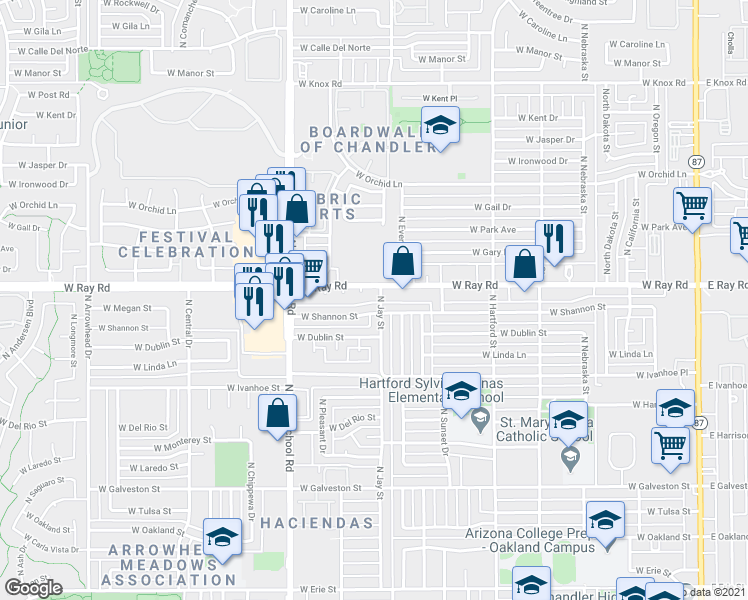 map of restaurants, bars, coffee shops, grocery stores, and more near 939 North Jay Street in Chandler