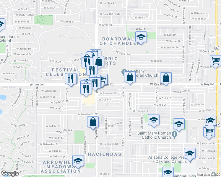 map of restaurants, bars, coffee shops, grocery stores, and more near 845 West Shannon Street in Chandler