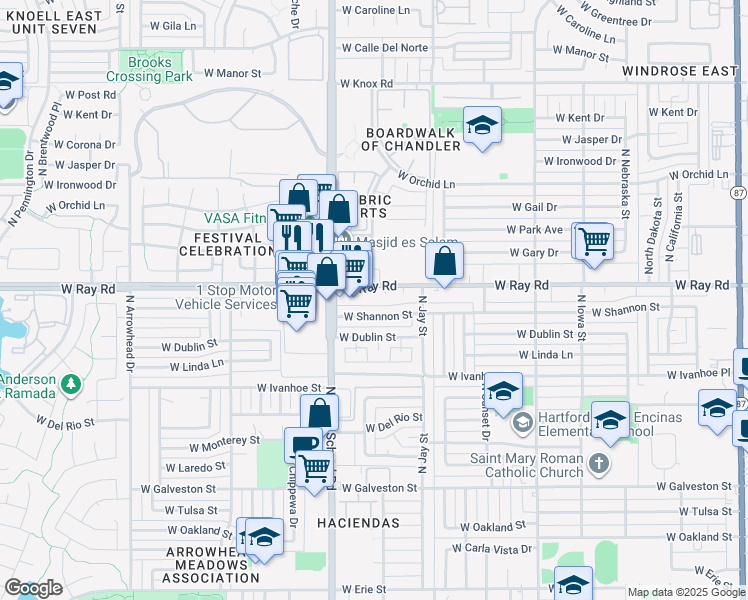 map of restaurants, bars, coffee shops, grocery stores, and more near 881 West Shannon Street in Chandler