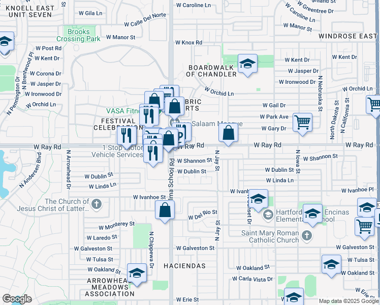 map of restaurants, bars, coffee shops, grocery stores, and more near 881 West Shannon Street in Chandler