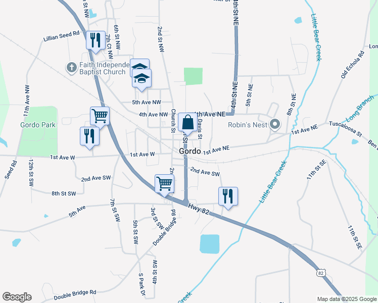 map of restaurants, bars, coffee shops, grocery stores, and more near 110 North Main Street in Gordo