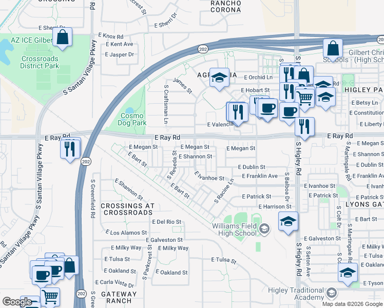 map of restaurants, bars, coffee shops, grocery stores, and more near 1674 South Constellation Way in Gilbert