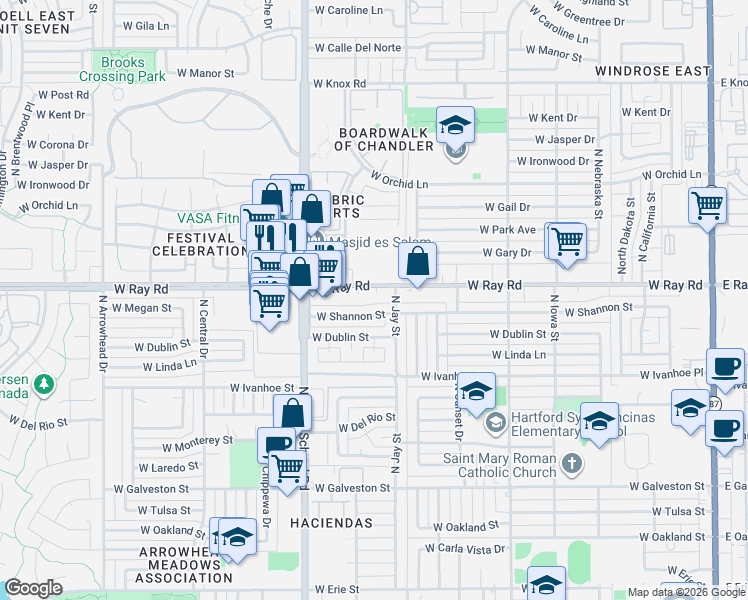 map of restaurants, bars, coffee shops, grocery stores, and more near 845 West Shannon Street in Chandler